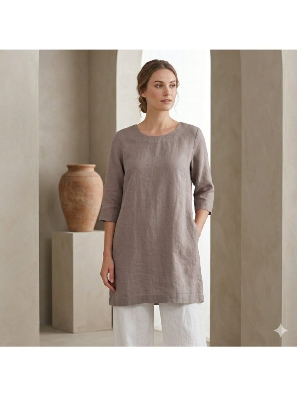 Len Ok Blue Linen Tunic Top Small S Lagenlook Pockets Boho Beachy 3/4 Sleeve New